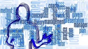 Collage of management-associated words. Dev Randhawa discusses management traits.